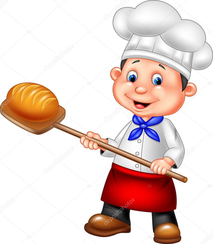 Vector illustration of Cartoon baker holding bakery peel tool with bread
