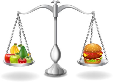 Vektör çizim ölçeğinde karikatür meyve ve hamburger dengesinin
