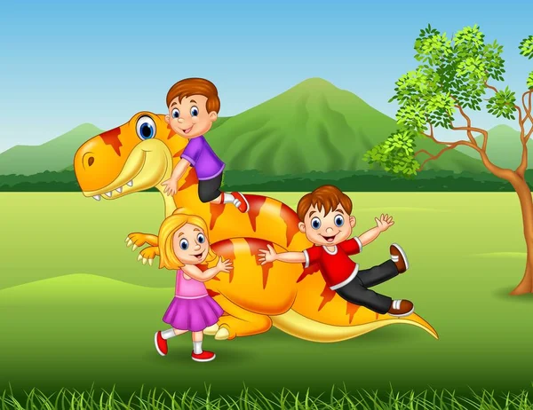 Ilustração Vetorial Uma Criança Dos Desenhos Animados Brincando Com Dinossauro — Vetor de Stock