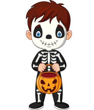 Vektör çizim karikatür çocuk kabak sepeti tutan iskelet kostüm