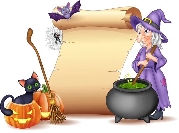 Sihirli Iksir Karıştırma Cadı Ile Halloween Işareti Vektör Çizim — Stok Vektör