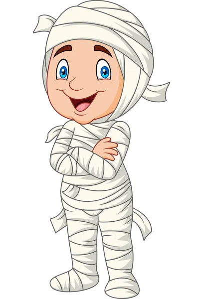 白い背景で隔離のミイラ衣装を着て漫画子供のベクトル イラスト — ストックベクタ