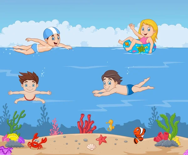 Vektor Illustration Von Cartoon Kindern Die Tropischen Ozean Schwimmen — Stockvektor