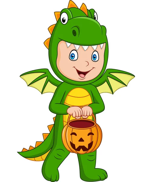 Vektorillustration Cartoon Unge Med Halloween Drake Kostym Hålla Pumpa Korg — Stock vektor