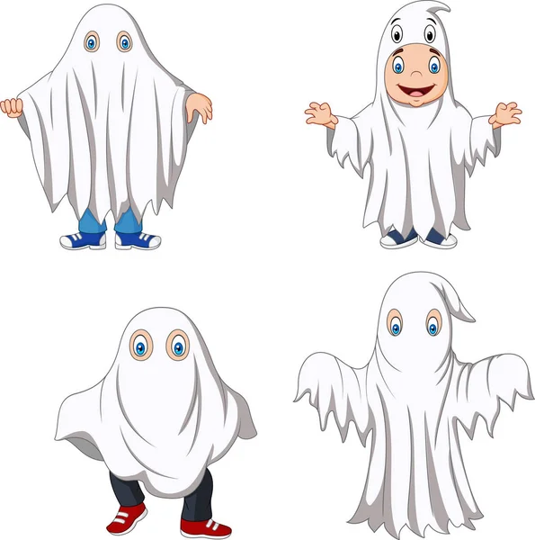 Vectorillustratie Van Cartoon Jongen Met Ghost Kostuum Collectie — Stockvector