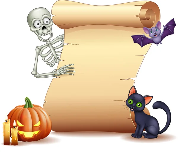 Ilustração Vetorial Sinal Halloween Com Esqueleto Morcego Abóbora Gato Preto — Vetor de Stock