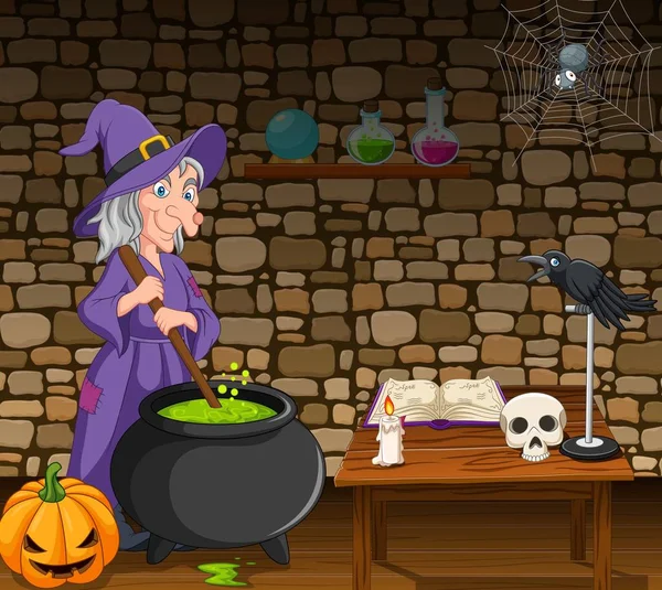 Vektor Ilustrasi Latar Belakang Halloween Dengan Penyihir Mengaduk Ramuan Ajaib - Stok Vektor