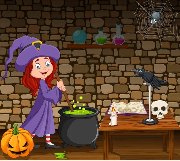 Illustrazione Vettoriale Sfondo Halloween Con Piccola Strega Mescolando Pozione Magica — Vettoriale Stock