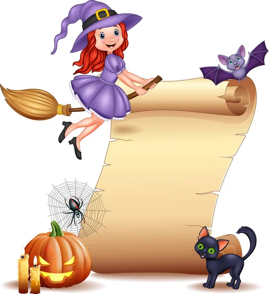 Ilustracja Wektorowa Halloween Znak Little Witch Bat Pająk Web Świece — Wektor stockowy