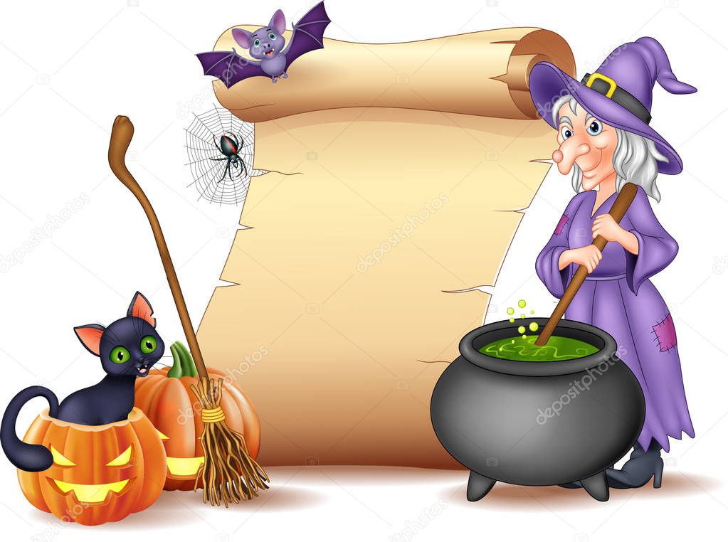 Vector illustration of Halloween sign with witch stirring magic potion