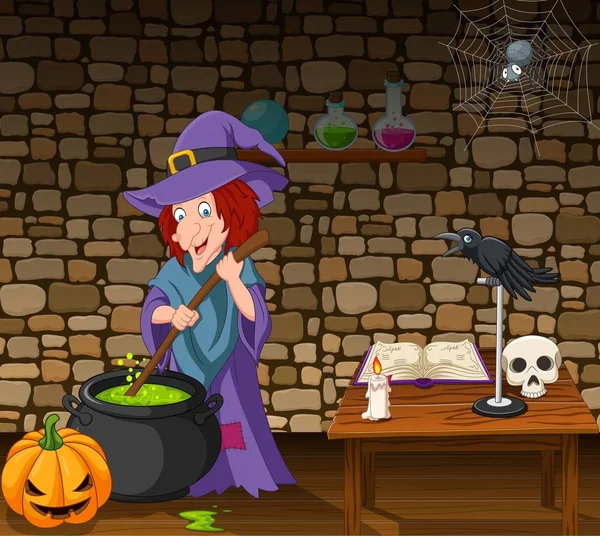 Ilustracja Wektorowa Halloween Tła Witch Mieszając Magiczny Eliksir — Wektor stockowy