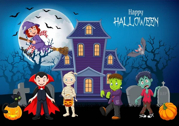 Vectorillustratie Van Cartoon Gelukkige Jonge Geitjes Met Halloween Achtergrond — Stockvector