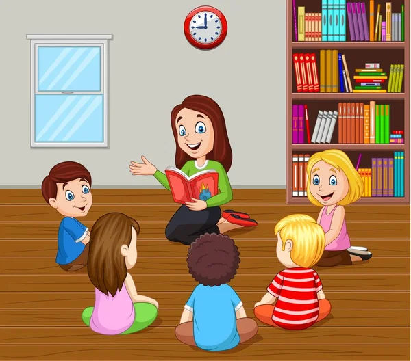 Vector Illustration Teacher Telling Story Kids Classroom — Stock Vector