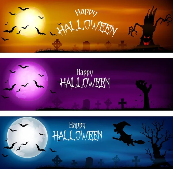 Illustrazione Vettoriale Tre Set Striscioni Halloween — Vettoriale Stock