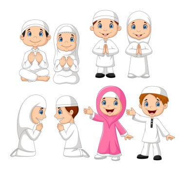 Vektör çizim karikatür Müslüman çocuk koleksiyonu kümesi