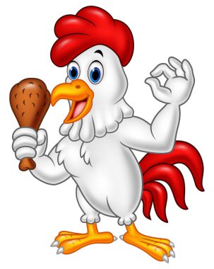 Vektör çizim karikatür horoz holding kızarmış tavuk ve Ok işareti veren