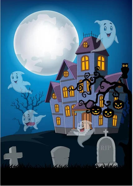 Ilustración Vectorial Casa Embrujada Fantasma Con Fondo Halloween — Vector de stock