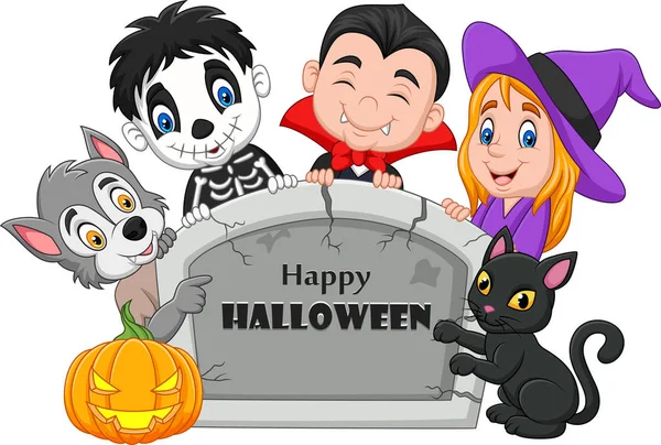 Ilustración Vectorial Niños Dibujos Animados Con Disfraz Halloween Sosteniendo Lápida — Vector de stock