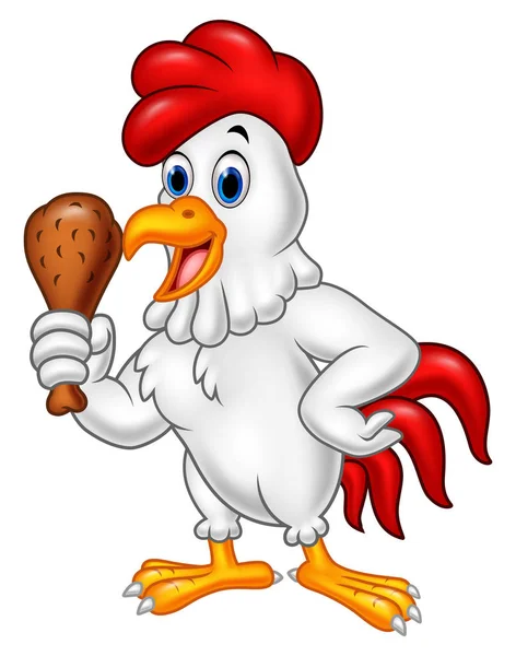 Vector Illustration Cartoon Rooster Holding Fried Chicken — Stock Vector
