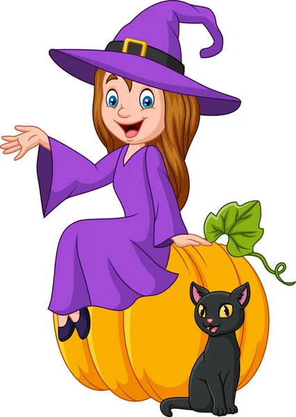 Vector Illustratie Van Cartoon Kleine Heks Zittend Halloween Pompoen Met — Stockvector