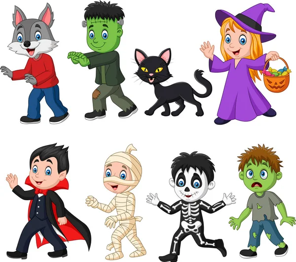 Vektor Ilustrasi Kartun Bahagia Anak Anak Kecil Dengan Kostum Halloween - Stok Vektor