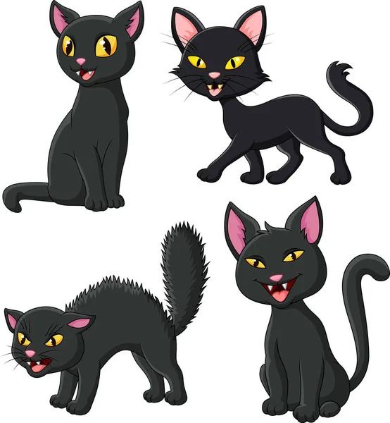 Vektorové Ilustrace Kreslené Černá Kočka Kolekce Sada — Stockový vektor