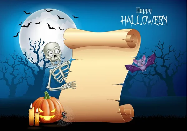 Vektor Illustration Von Cartoon Skelett Mit Scroll Banner Mit Halloween — Stockvektor