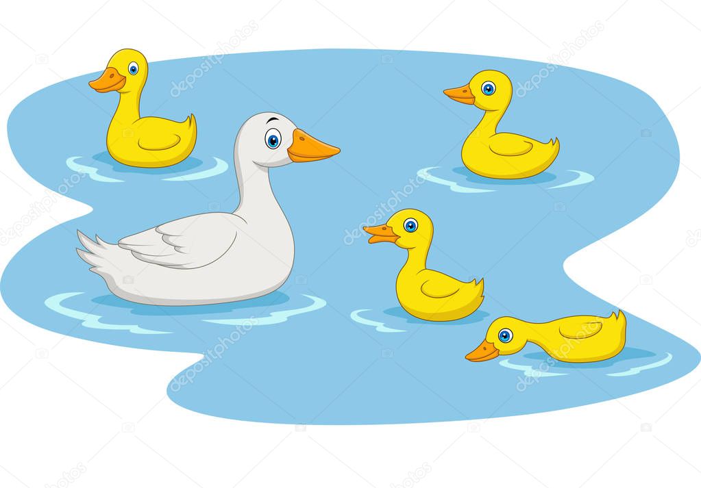 Vector illustration of Cartoon duck family swimming in the pond