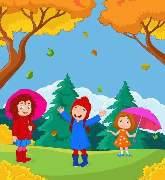 Vektor Ilustrasi Kartun Bahagia Anak Bermain Dengan Latar Belakang Musim - Stok Vektor