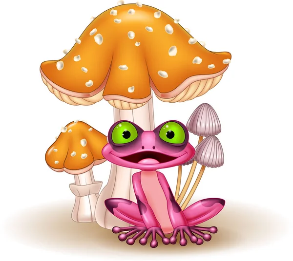 Vector Illustration Cartoon Funny Frog Mushrooms — Stock Vector