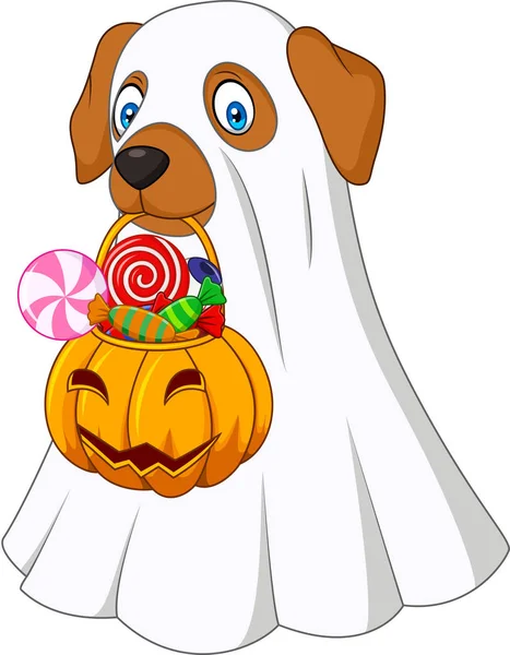 Vector Illustration Halloween Costume Dog Holding Pumpkin Bag Full Candy — Stock Vector