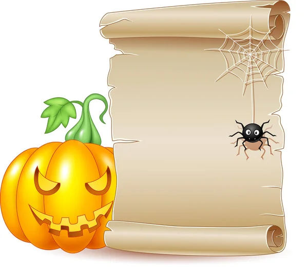 Ilustração Vetorial Banner Rolagem Halloween Com Abóbora Assustadora Aranha — Vetor de Stock