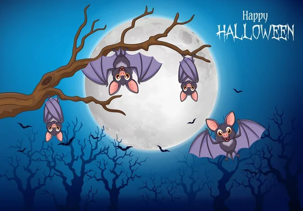 ハロウィン背景を持つ木に掛かっている漫画面白いコウモリのベクトル イラスト — ストックベクタ