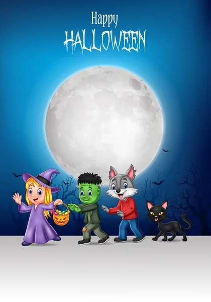 Ilustração Vetorial Desenhos Animados Crianças Felizes Com Fundo Halloween — Vetor de Stock