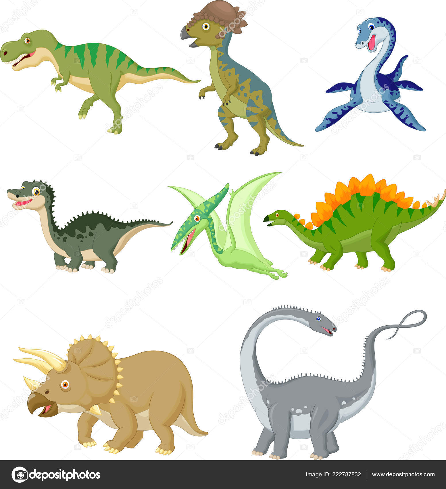 Dino De Desenho Animado. Dinossauro Engraçado E Antigo Brontossauro E  Triceratops Verdes. Conjunto De Ilustração Vetorial De Dinos Ilustração do  Vetor - Ilustração de besta, dino: 175596327