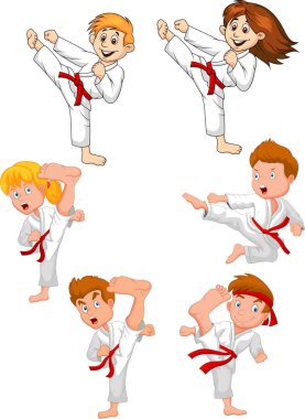 Karikatür çizimi küçük çocuk eğitim karate koleksiyonu vektör