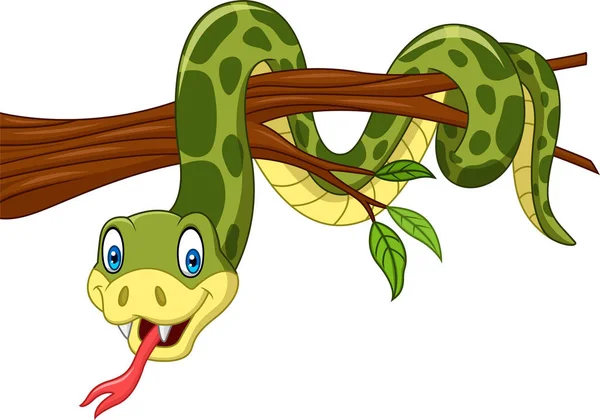Ilustração Vetorial Cobra Verde Dos Desenhos Animados Galho Árvore —  Vetores de Stock