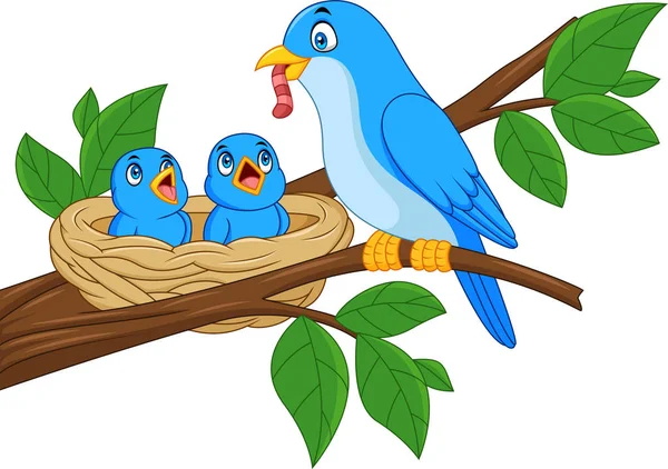 Ilustración Vectorial Madre Pájaro Azul Alimentando Bebés Nido — Archivo Imágenes Vectoriales