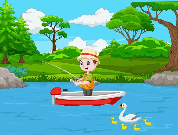 矢量图的卡通男孩在船上钓鱼 — 图库矢量图片