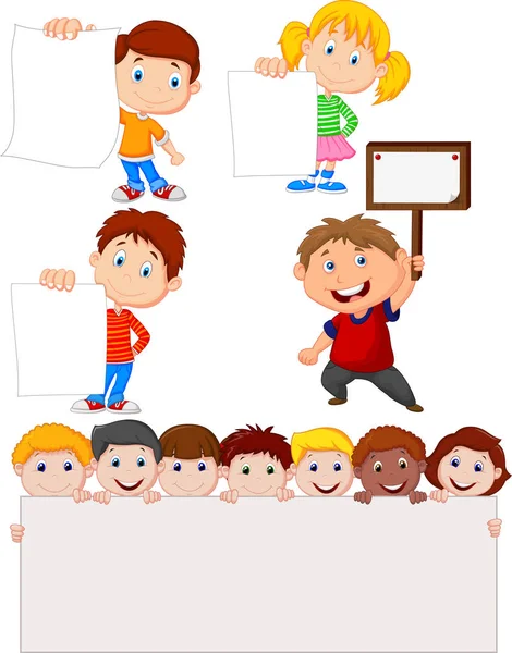 Vector Illustration Cartoon Children Holding Blank Sign — Stock Vector