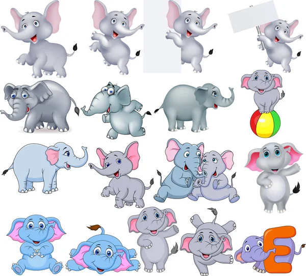 Ilustración Vectorial Colección Elefantes Dibujos Animados Con Diferentes Acciones — Vector de stock