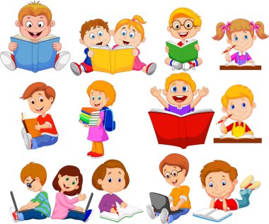 Vektör çizim karikatür Okulu çocuklar kitap okuma ve bilgisayar koleksiyonu kümesi işletim