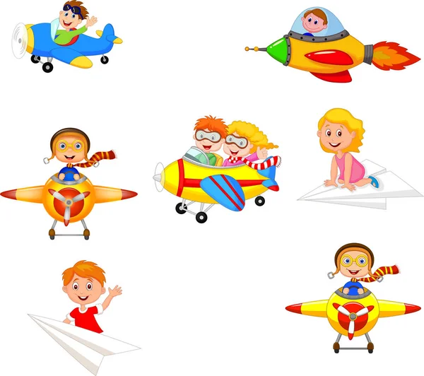 Vector Illustration Cartoon Children Playing Plane Toys Collection Set — Stock Vector