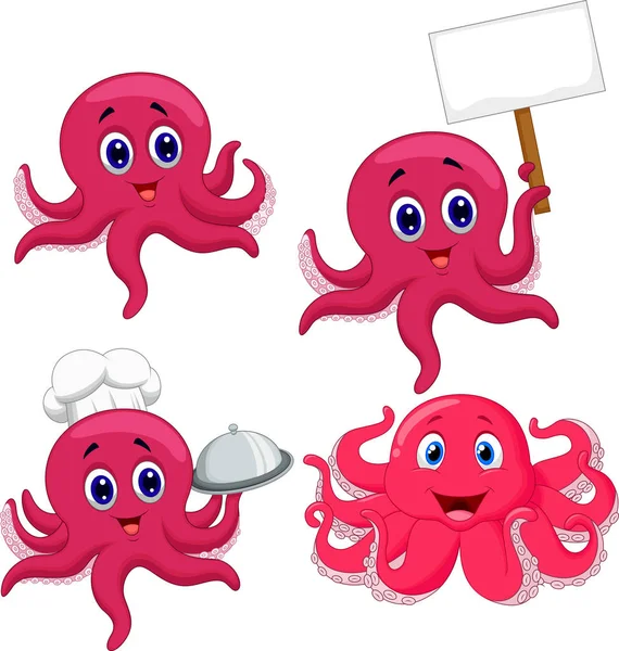 Vektorové Ilustrace Kreslené Vtipné Chobotnice Kolekce Sady — Stockový vektor