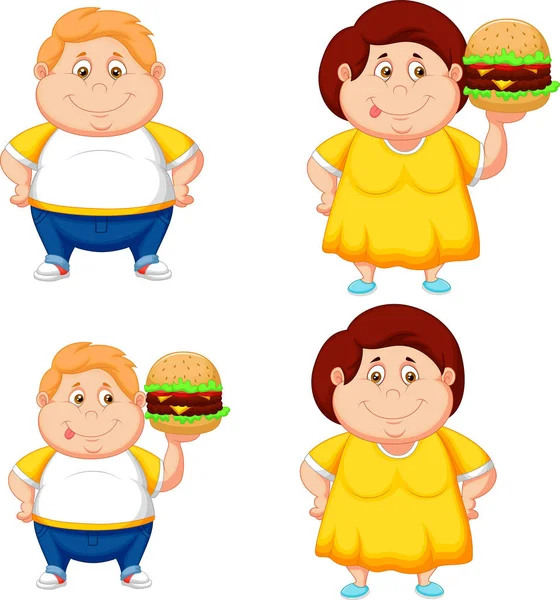 Vector Illustration Cartoon Fat Boy Girl Big Hamburger — Stock Vector