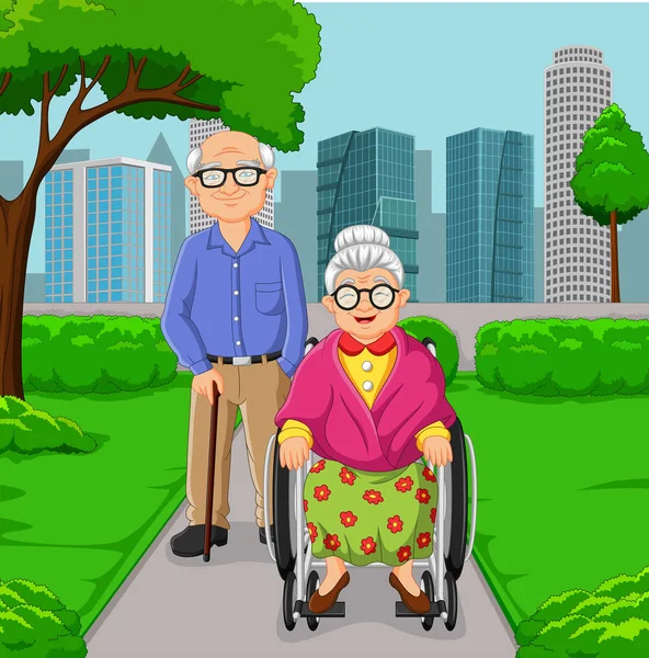 Vectorillustratie Van Bejaarde Echtpaar Cartoon Het Park — Stockvector