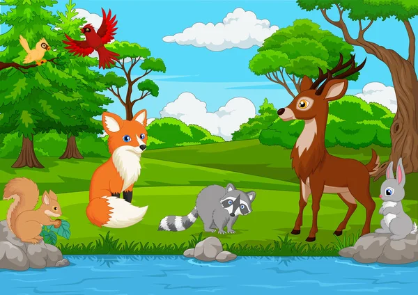 矢量图的卡通野生动物在丛林中 — 图库矢量图片