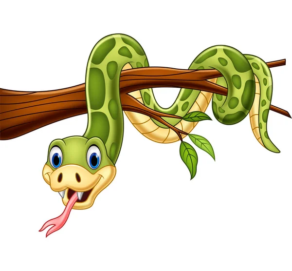 Vector Illustration Cartoon Green Snake Tree Branch — Stock Vector