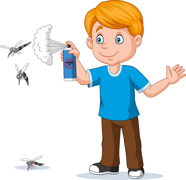 Cartoon Boy Rociando Insecto Asesino Los Mosquitos — Vector de stock