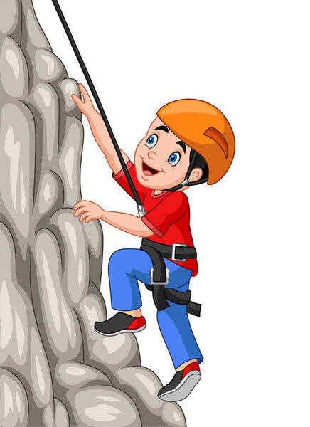 Cartoon happy boy climbing rock